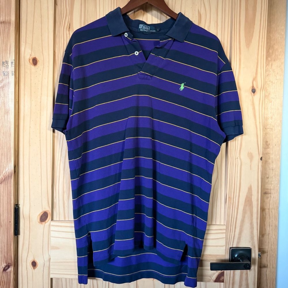 Polo Ralph Lauren Men L Striped Polo Shirt Purple Navy Blue Yellow Green Pony
